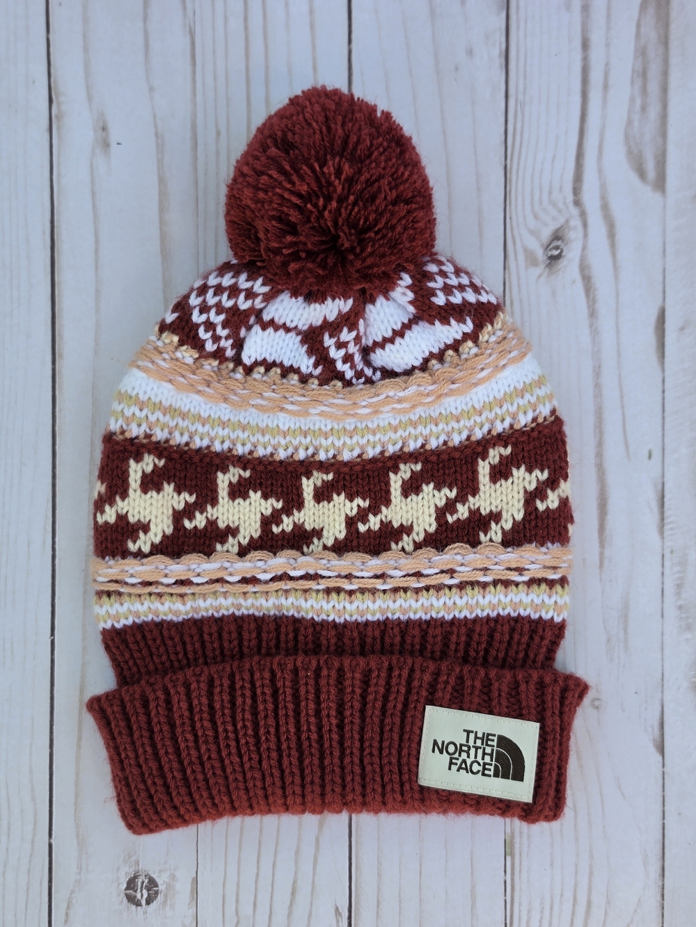 The North Face Women's Burgundy and Cream Pom Knit Beanie